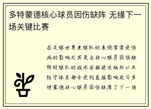 多特蒙德核心球员因伤缺阵 无缘下一场关键比赛