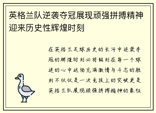 英格兰队逆袭夺冠展现顽强拼搏精神迎来历史性辉煌时刻